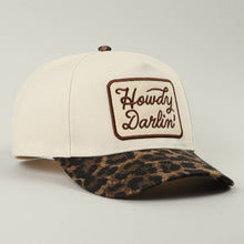 Load image into Gallery viewer, Howdy Darlin Embroidered Patch Leopard Brim Trucker Hat (cream)