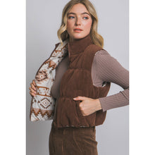 Load image into Gallery viewer, Fallon Reversible Corduroy/Aztec Print Puffer Vest (brown)