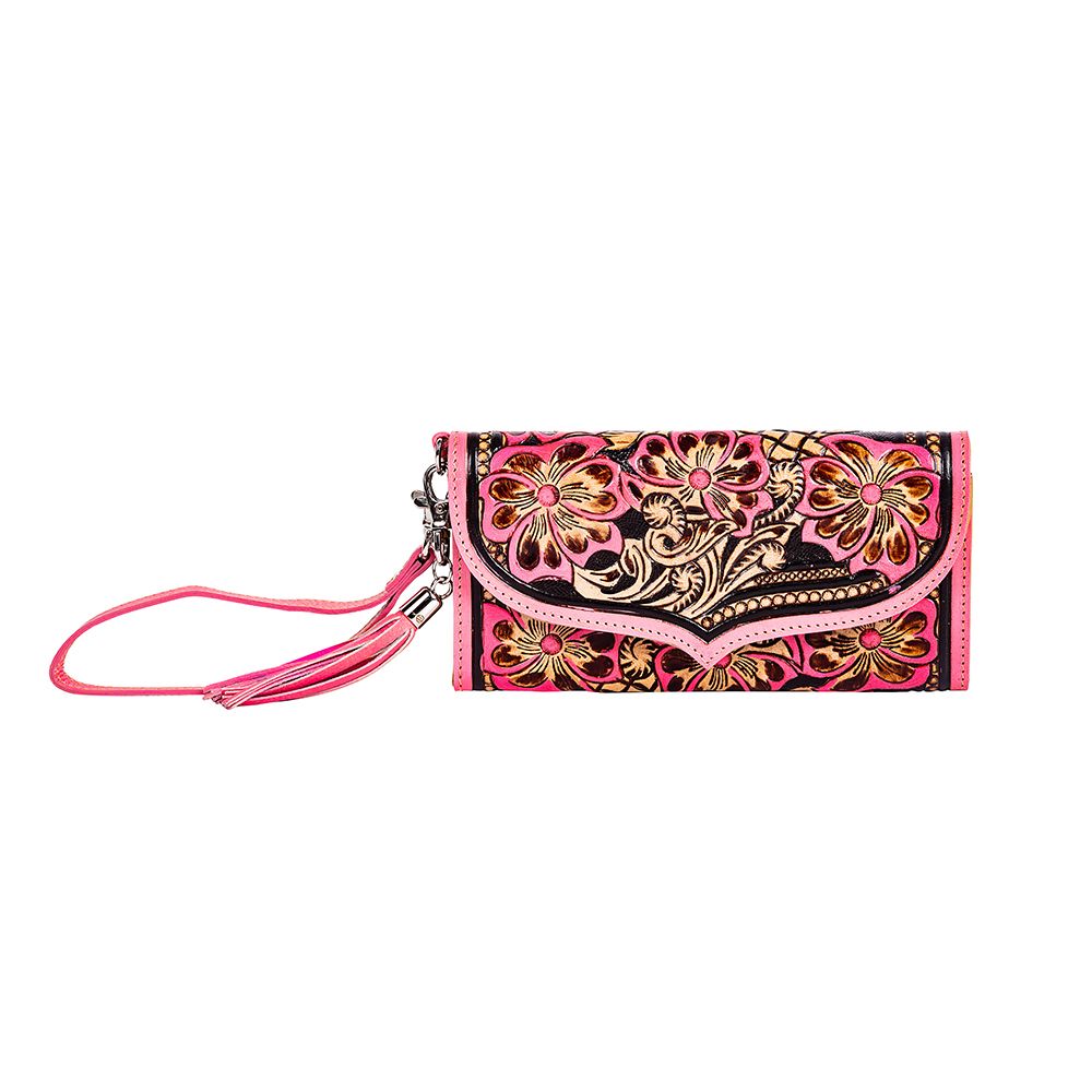 Pink Floral Hand tooled flap wallet