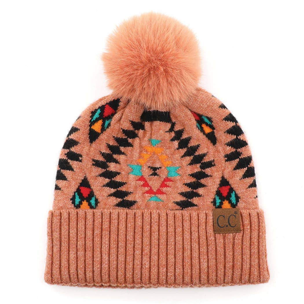Aztec Pattern Beanie with Faux Fur Pom-Pom (desert sand)