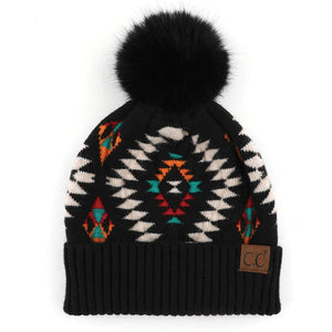 Aztec Pattern Beanie with Faux Fur Pom-Pom