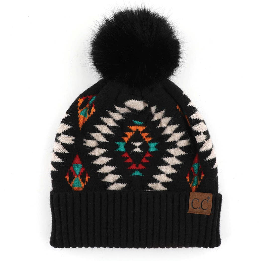 Aztec Pattern Beanie with Faux Fur Pom-Pom
