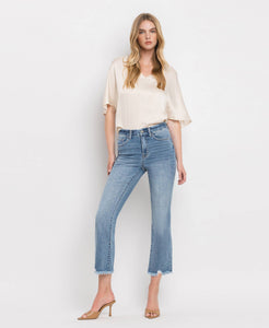 Bella high rise frayed hem crop flare jeans