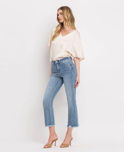 Bella high rise frayed hem crop flare jeans