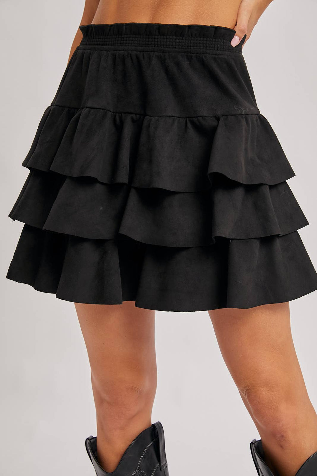 Kendall faux suede ruffle skirt (black)