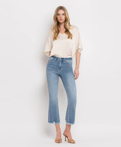 Bella high rise frayed hem crop flare jeans