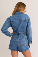 Load image into Gallery viewer, Callie Front tie long sleeve denim romper
