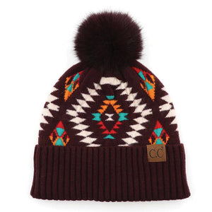 Aztec Pattern Beanie with Faux Fur Pom-Pom (berry)