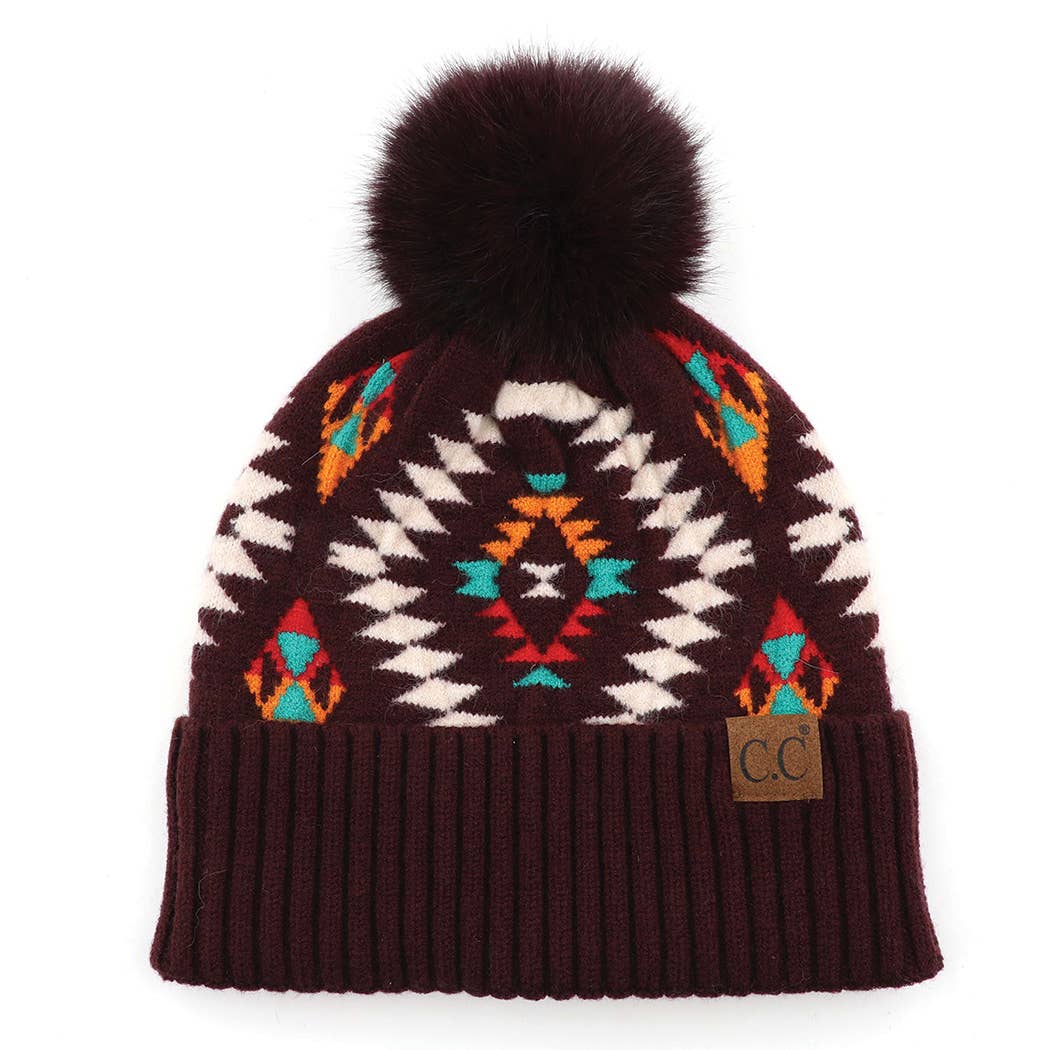 Aztec Pattern Beanie with Faux Fur Pom-Pom (berry)