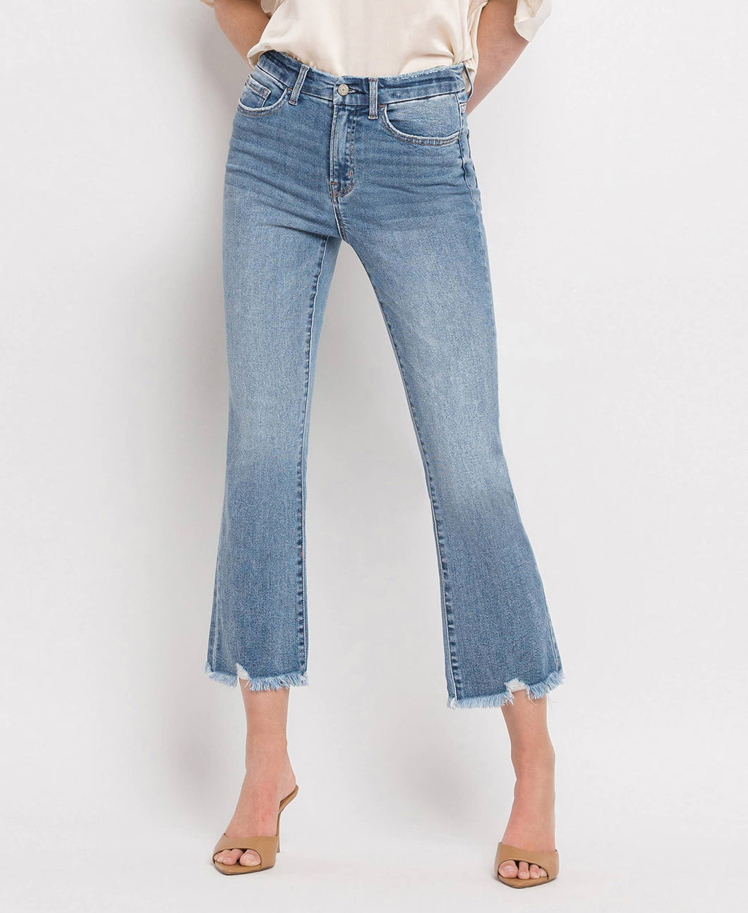 Bella high rise frayed hem crop flare jeans