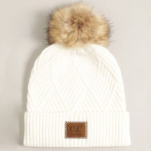 Heather Cuff Beanie with Pom-Pom (white)