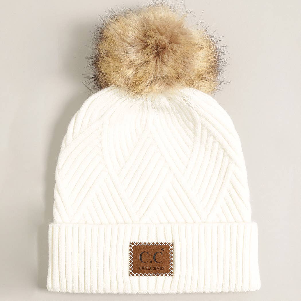 Heather Cuff Beanie with Pom-Pom (white)