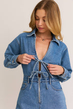 Load image into Gallery viewer, Callie Front tie long sleeve denim romper
