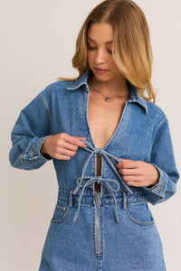 Callie Front tie long sleeve denim romper