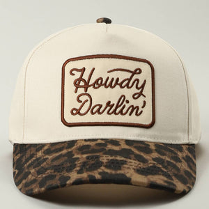 Howdy Darlin Embroidered Patch Leopard Brim Trucker Hat (cream)