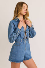 Load image into Gallery viewer, Callie Front tie long sleeve denim romper
