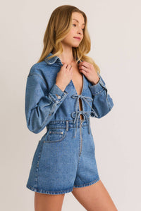 Callie Front tie long sleeve denim romper