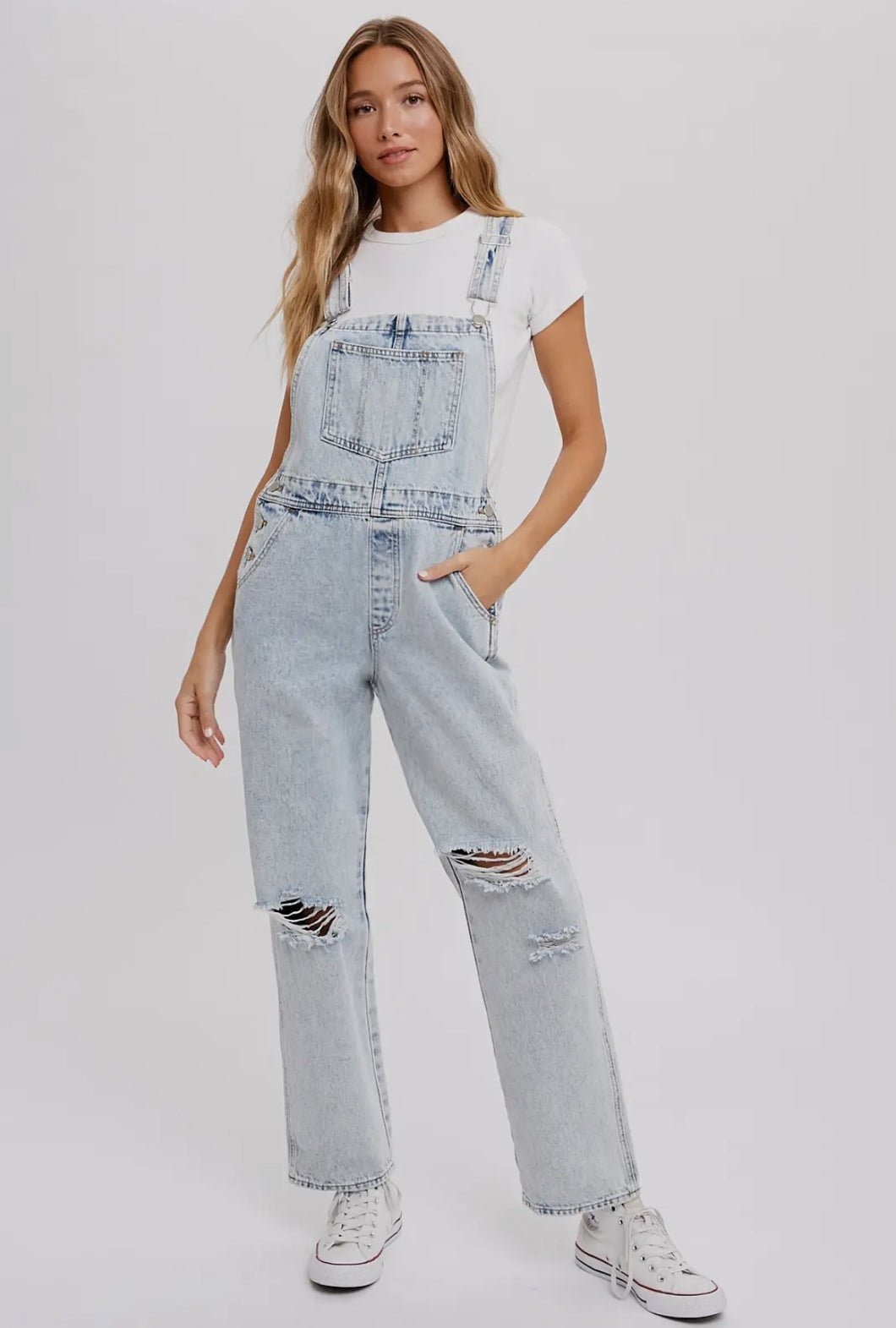 Light wash denim overalls