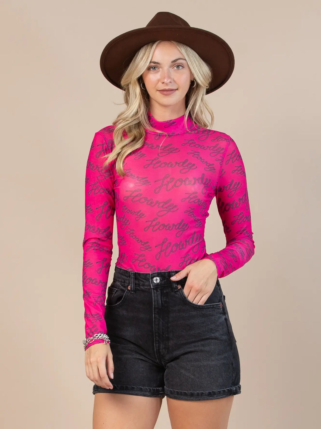 Pink retro howdy print mesh bodysuit