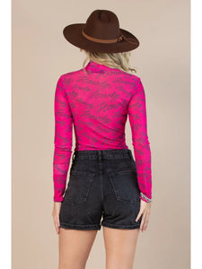 Pink retro howdy print mesh bodysuit