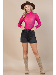 Pink retro howdy print mesh bodysuit