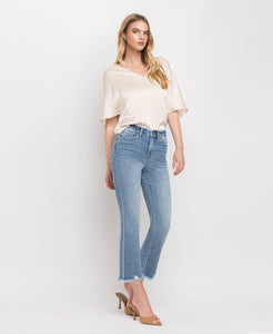 Bella high rise frayed hem crop flare jeans