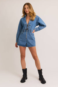 Callie Front tie long sleeve denim romper