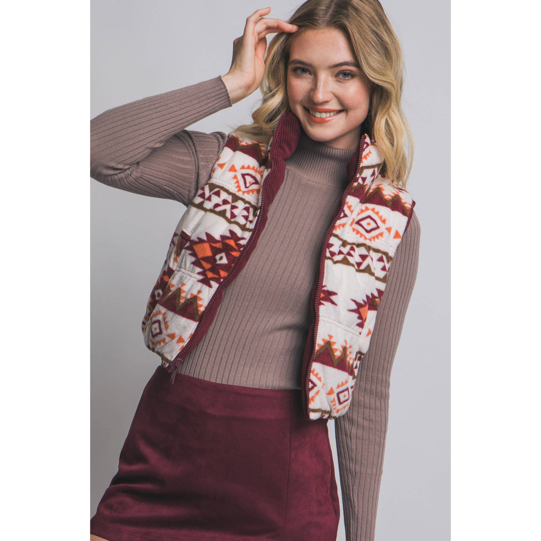Fallon Reversible Corduroy/Aztec Print Puffer Vest (burgundy)