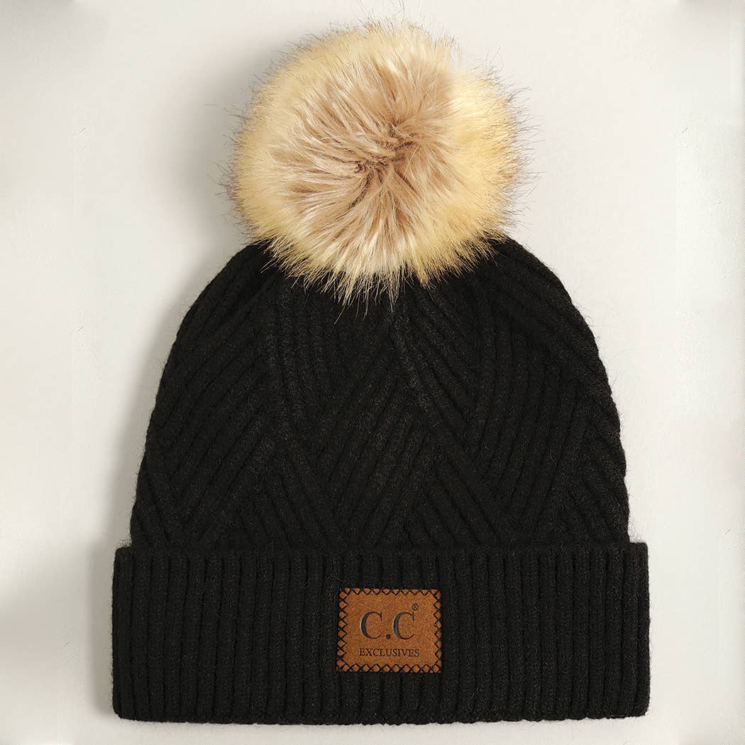 Heather Cuff Beanie with Pom-Pom (black)