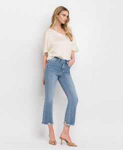 Bella high rise frayed hem crop flare jeans