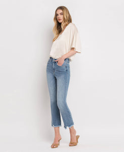 Bella high rise frayed hem crop flare jeans