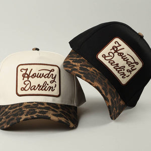 Howdy Darlin Embroidered Patch Leopard Brim Trucker Hat (cream)