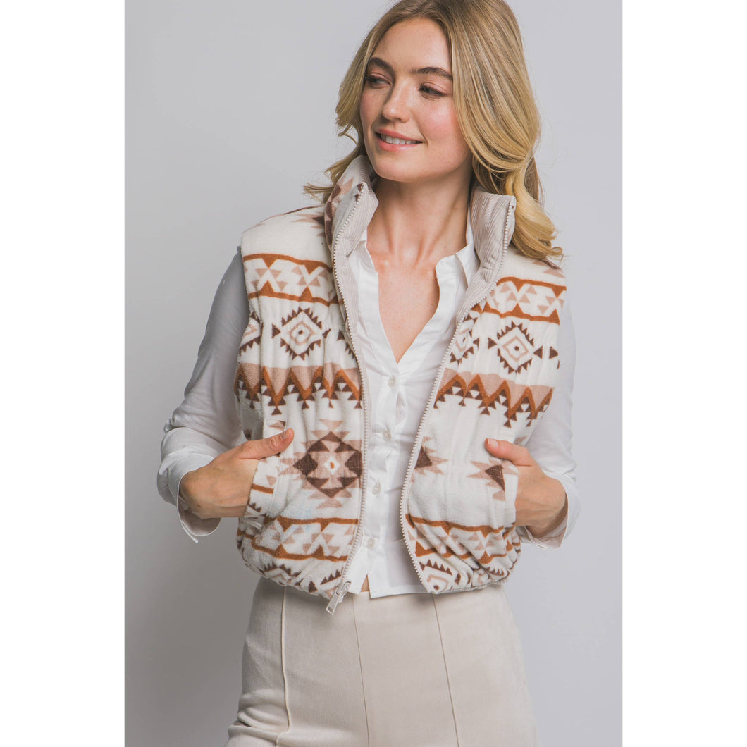 Fallon Reversible Corduroy/Aztec Print Puffer Vest (cream)