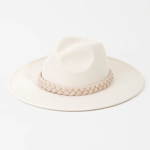 White braided band fedora hat