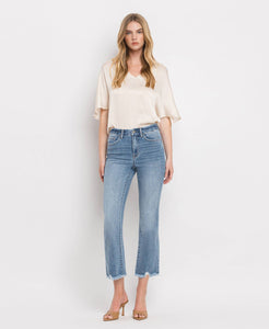 Bella high rise frayed hem crop flare jeans