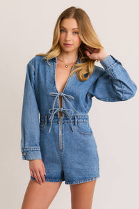 Callie Front tie long sleeve denim romper