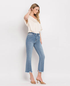 Bella high rise frayed hem crop flare jeans