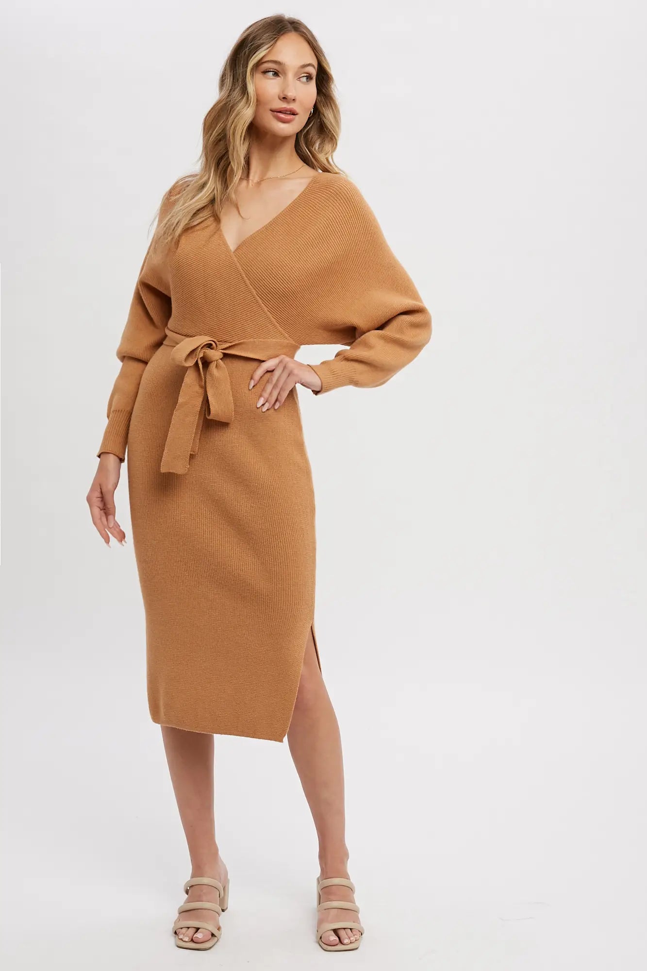 knee length dresses for ladies Camel Surplice Belted Sweater Dress – Kaye's CC Boutique