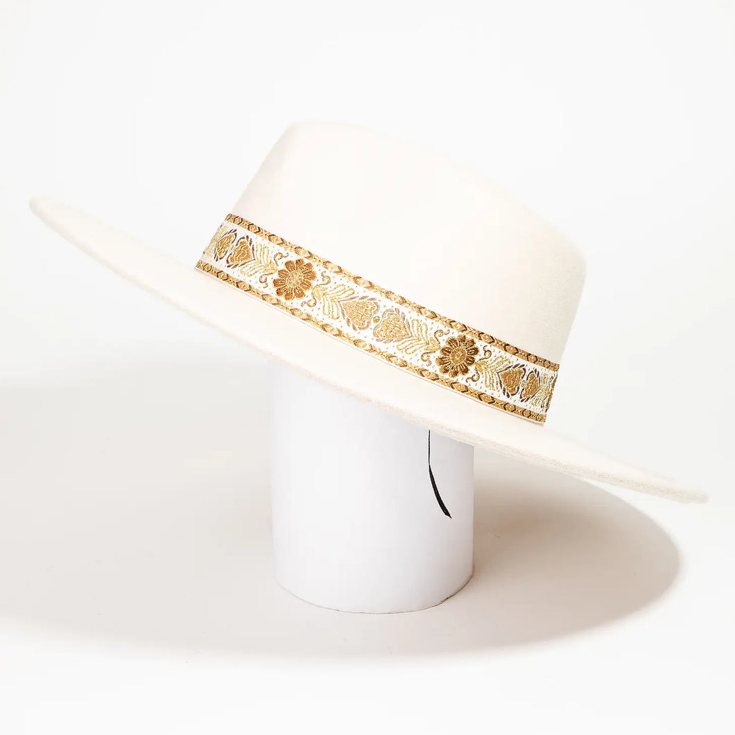 white floral gold band fedora hat