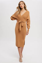 Load image into Gallery viewer, Camel Surplice Belted Sweater Dress
