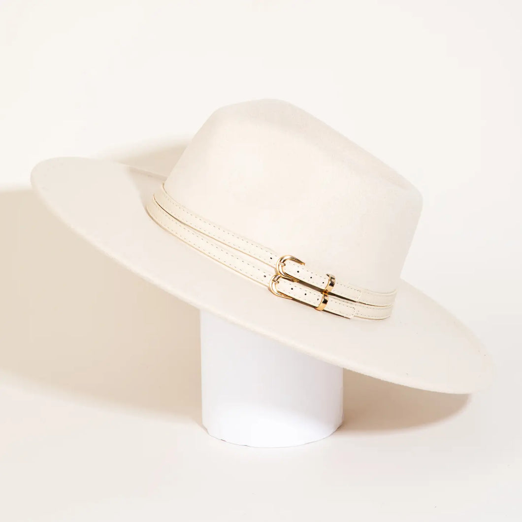 White Double Buckle Band Fedora Hat